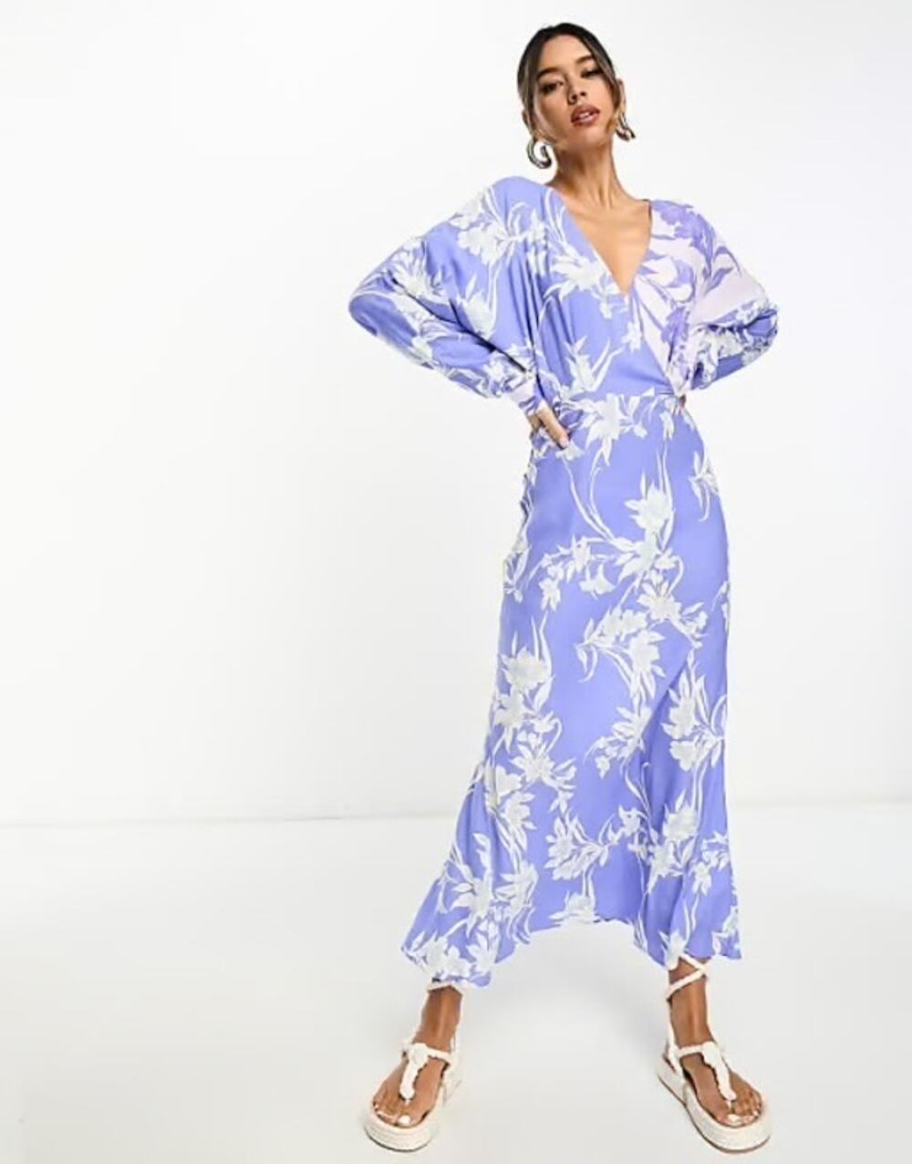 ASOS DESIGN Viscose Batwing Sleeve Wrap Midi Dress Mixed Floral Print Size 8